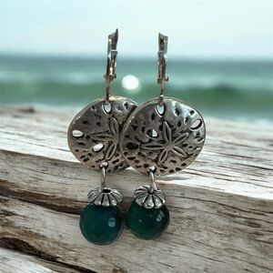 BOUTIQUE Artisan Silver and Green Agate Sand Dollar Earrings, Beach Dangles